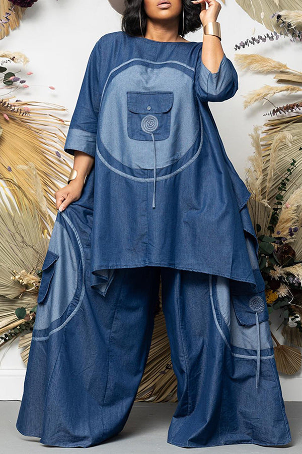 Faux Denim Pocket Two-Piece Set