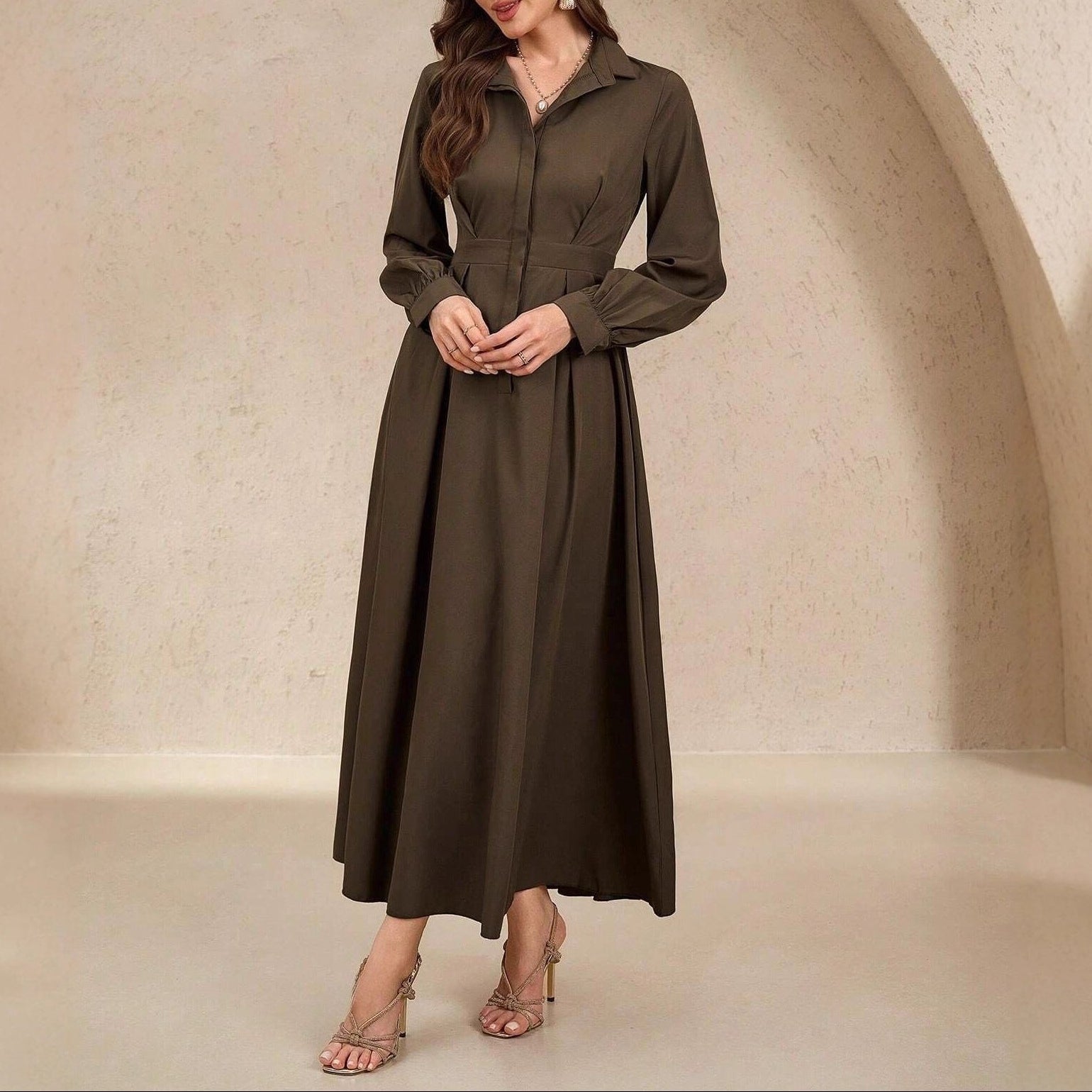 Button-Down Long Sleeve Midi Dress