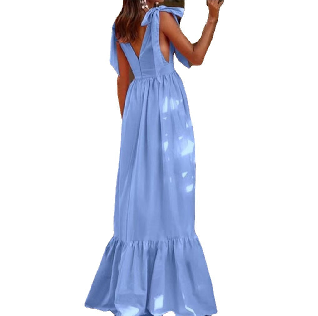 V-Neck Ruffled Maxi Dress with Bow Details