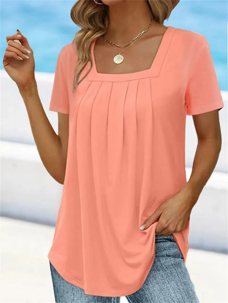 Square Neck Pleated Short Sleeve T-shirt