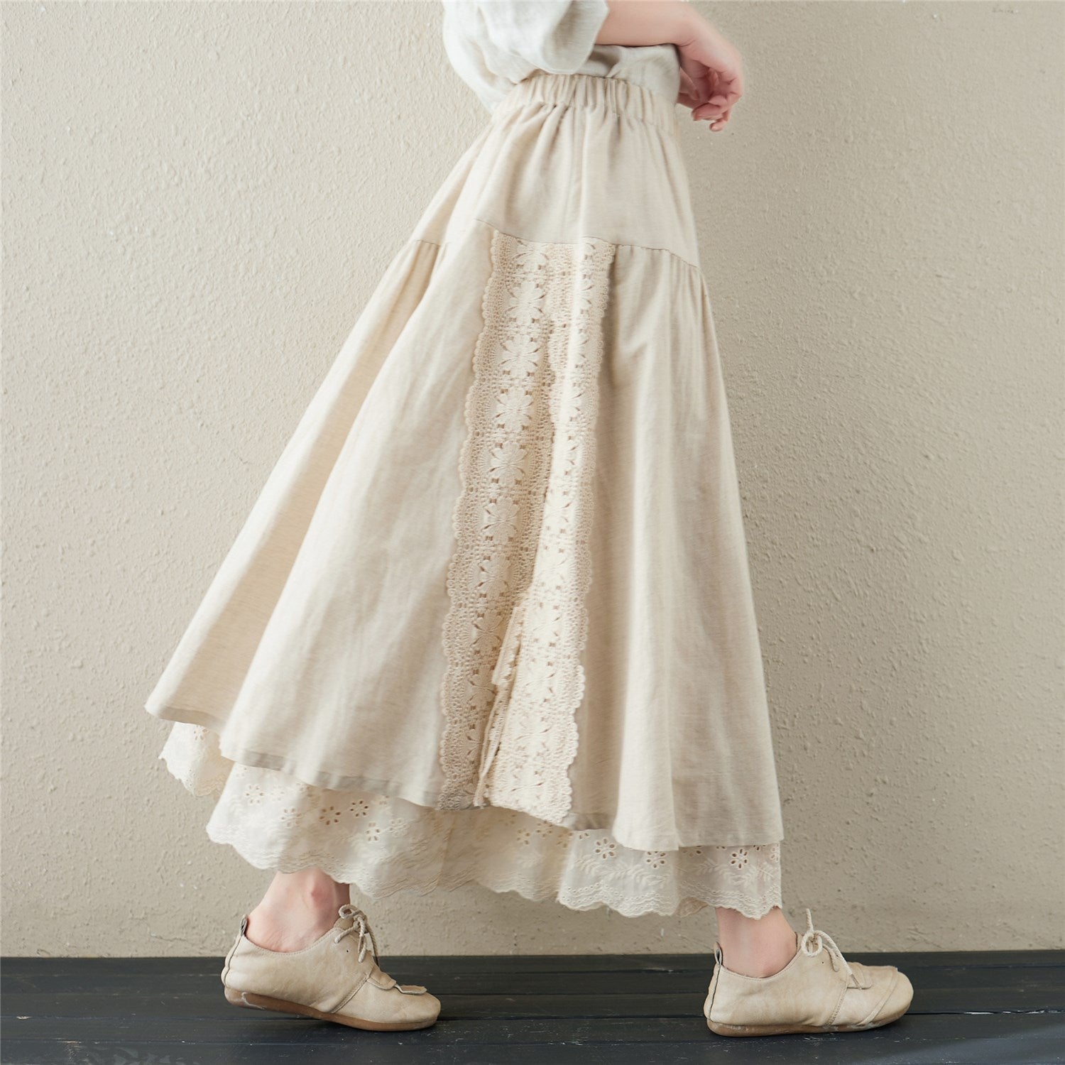 Embroidered Elastic Waist Linen Blend Skirt
