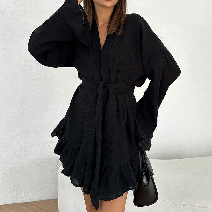 Women Cotton Crepe Ruffle Long Sleeve Pajama Set