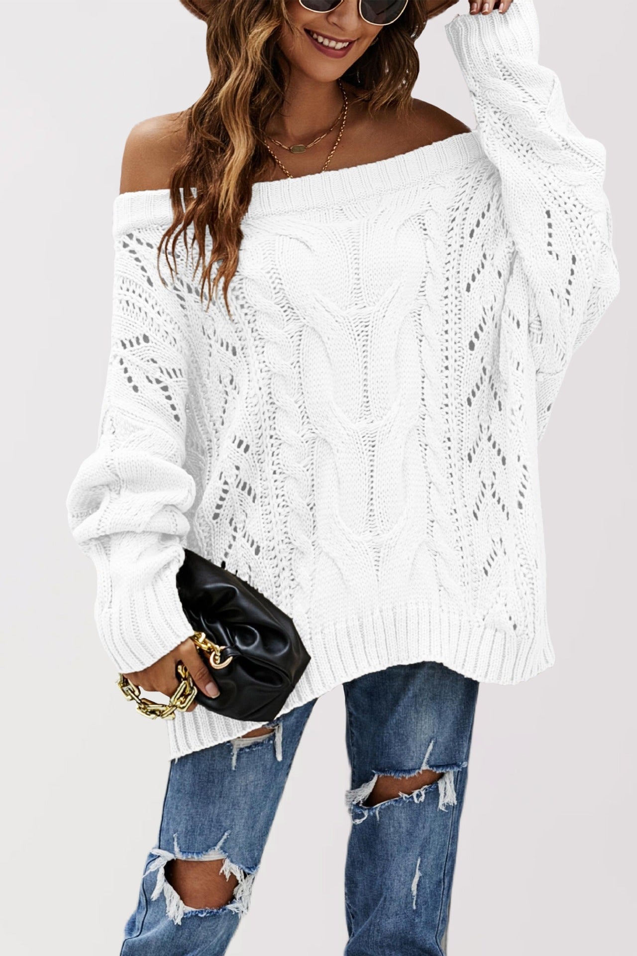 Off-Shoulder Relaxed Knit Pullover Sweater
