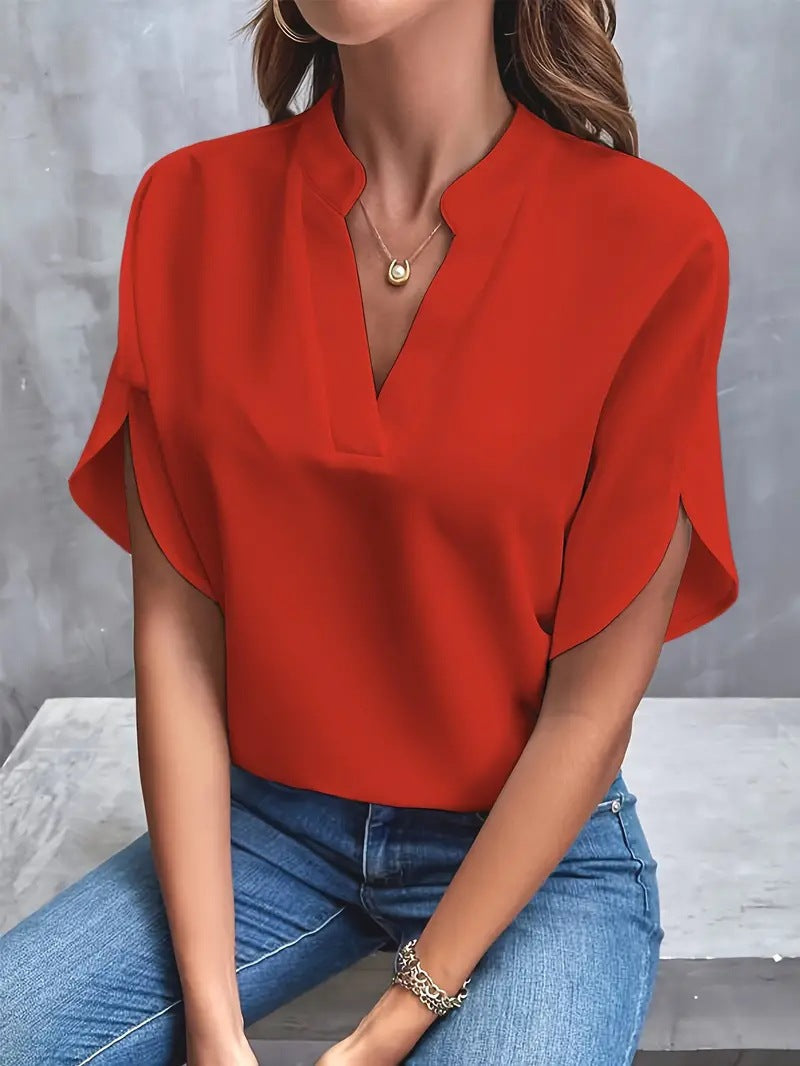 Solid Color V Neck Loose Fit Shirt