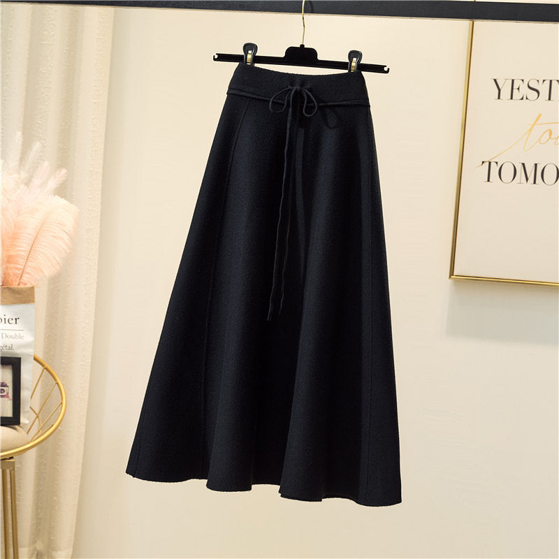 High-Waist Pleated Knit A-Line Skirt
