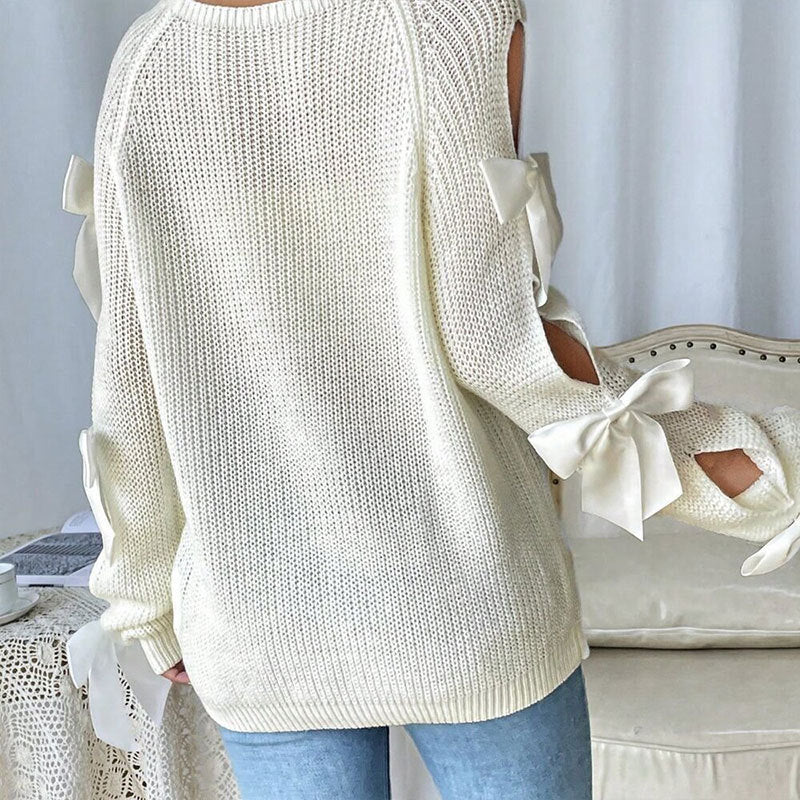 Bow Decor Round Neck Knit Sweater