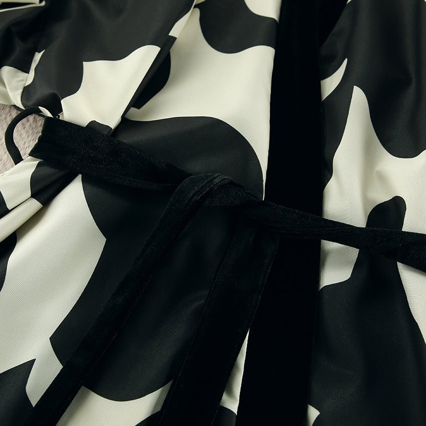 Printed Satin Long Sleeve Tie-Waist Robe