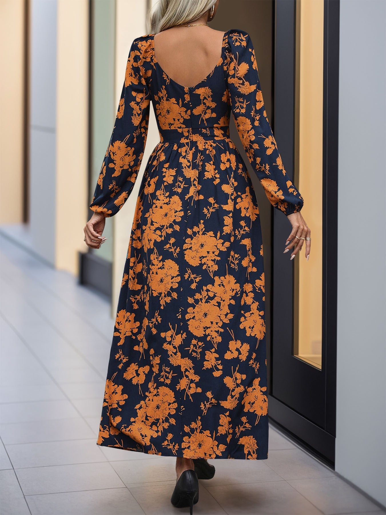 Long Sleeve V Neck Printed Maxi Dress