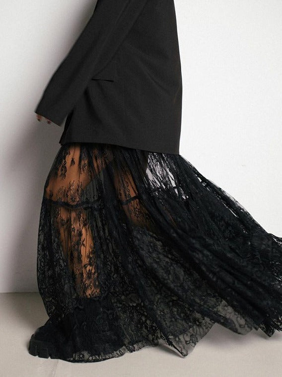 High Waist Lace Sheer Pleated Midi Skirt