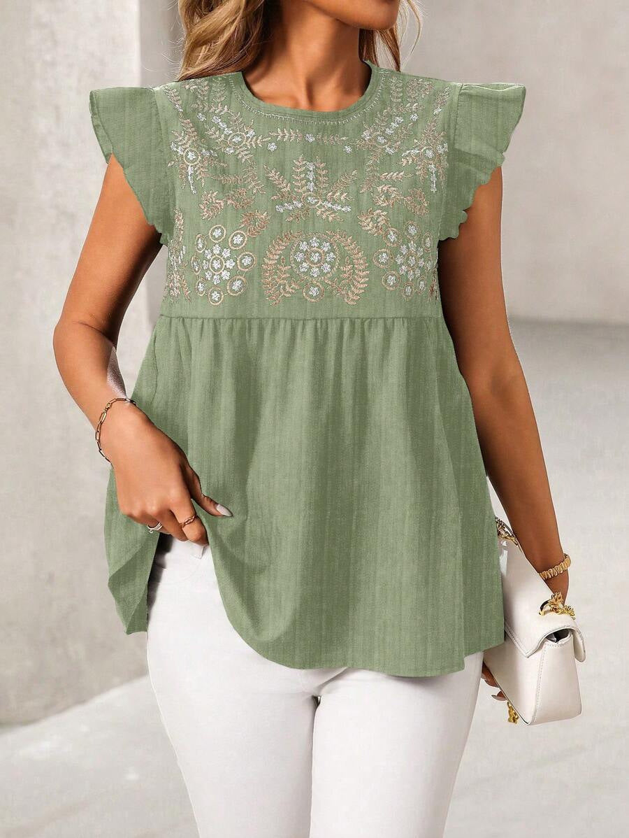 Embroidered Flutter Sleeve Top