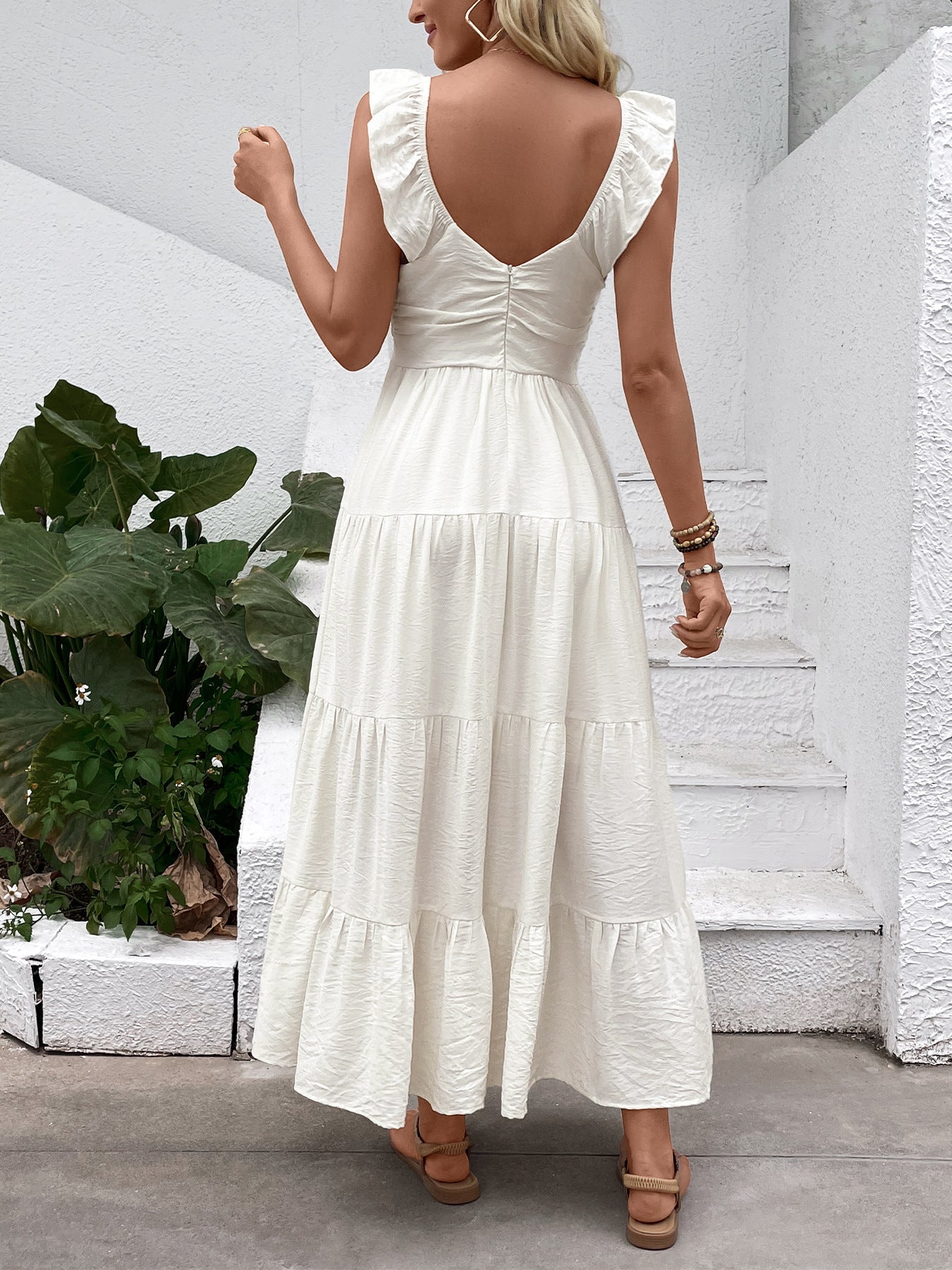 Sleeveless V Neck Strap White Maxi Dress