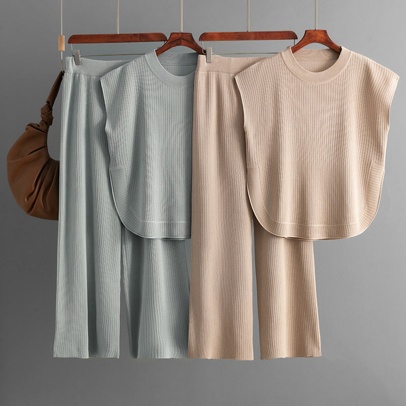 Sleeveless Knit Top & Wide-Leg Pants Two-Piece Set