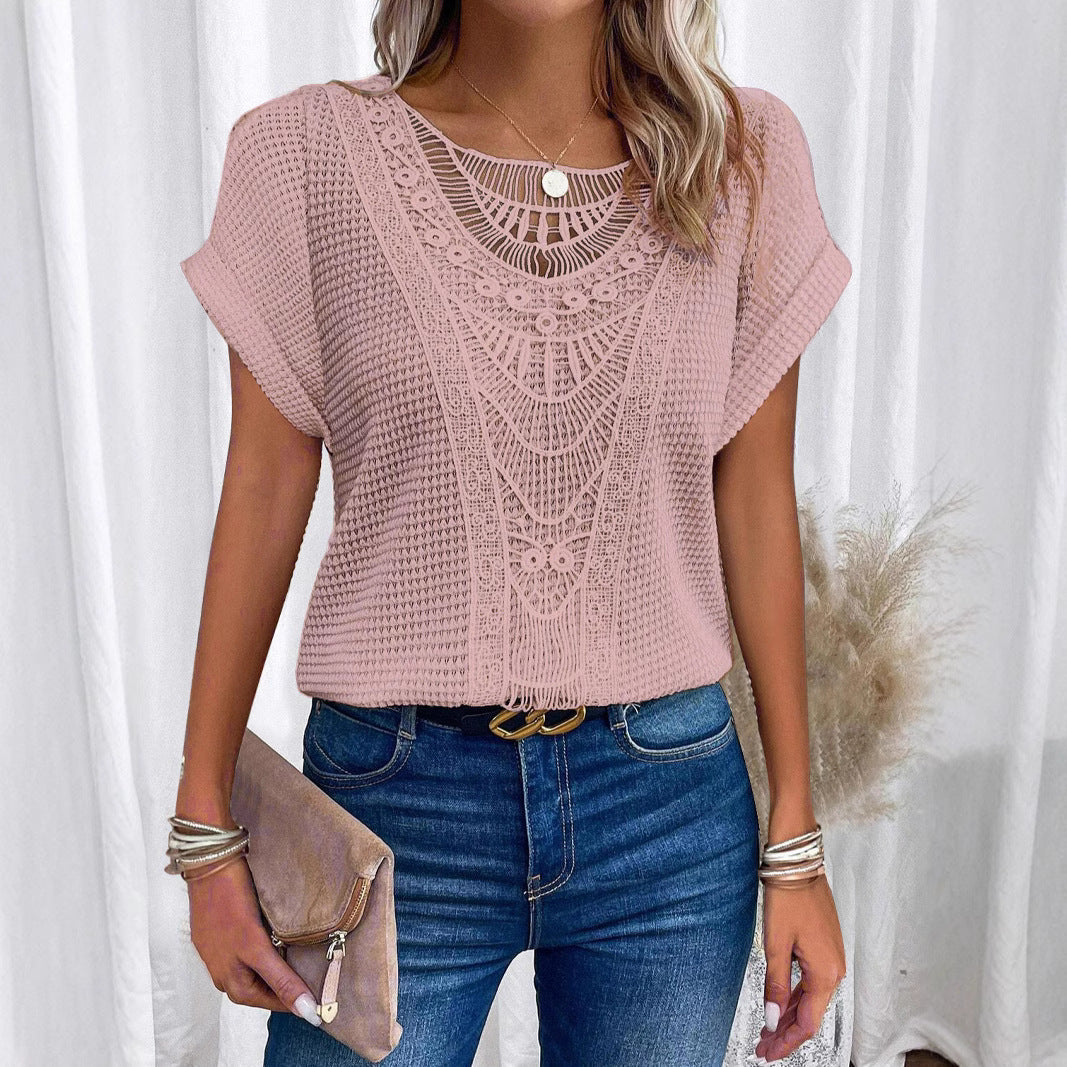Floral Lace Trim V-neck Short Sleeve Blouse