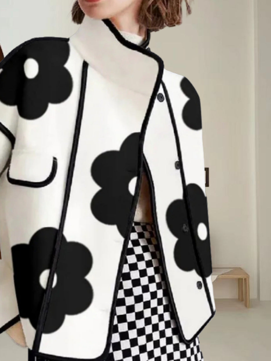 Colorblock Floral Print Stand Collar Slit Jacket