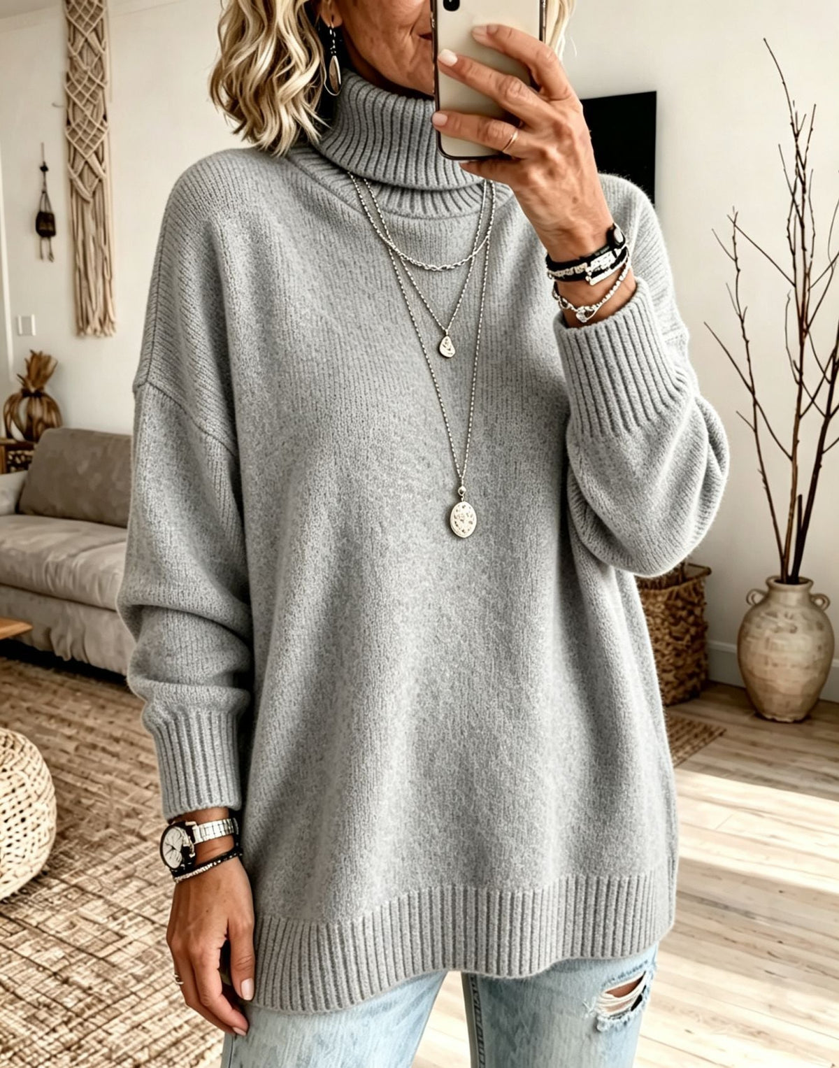 Women's Turtleneck Knit Sweater, Relaxed Fit Long Sleeve Pullover