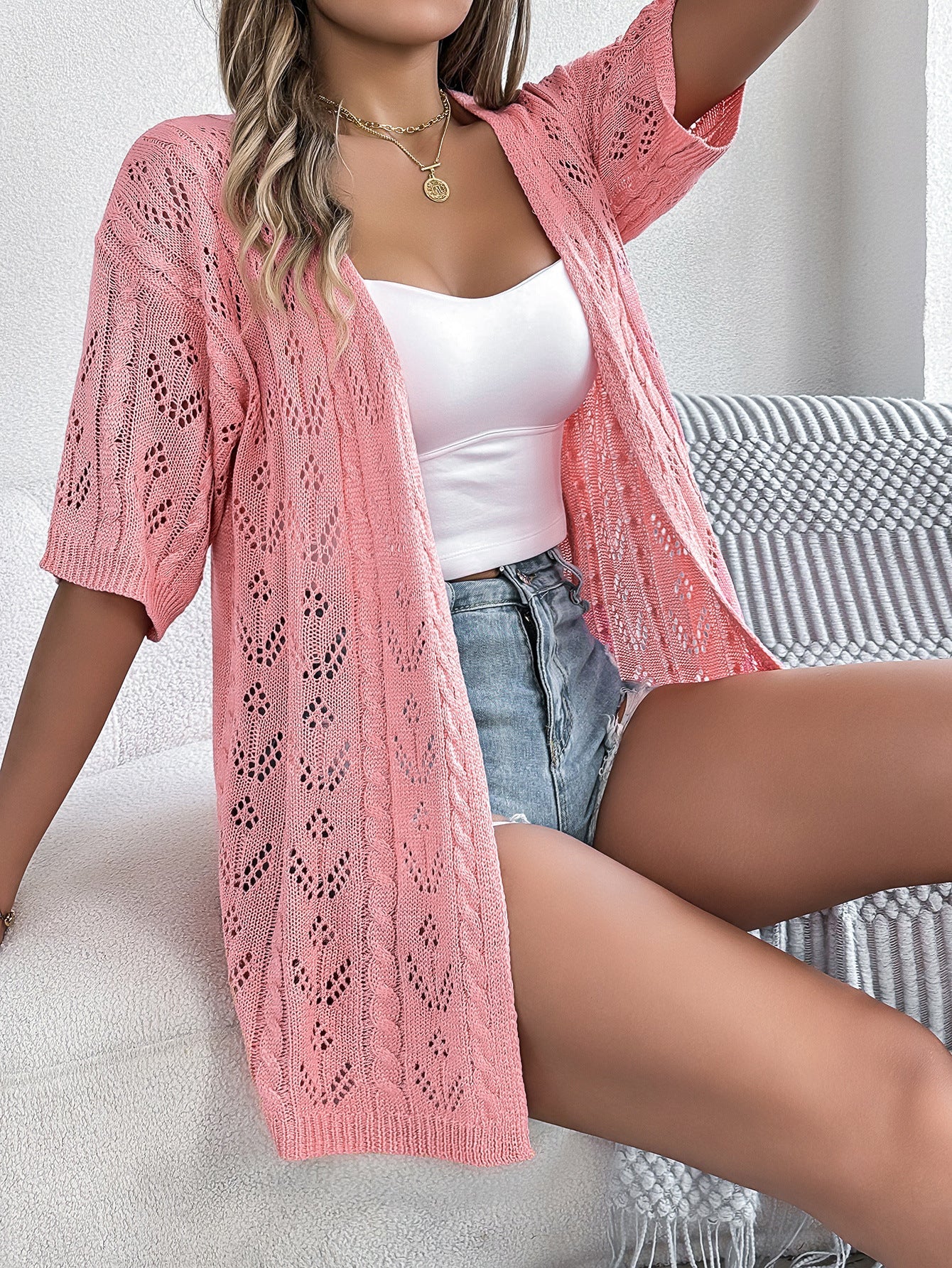 Hollow Out Short Sleeve Knit Cardigan