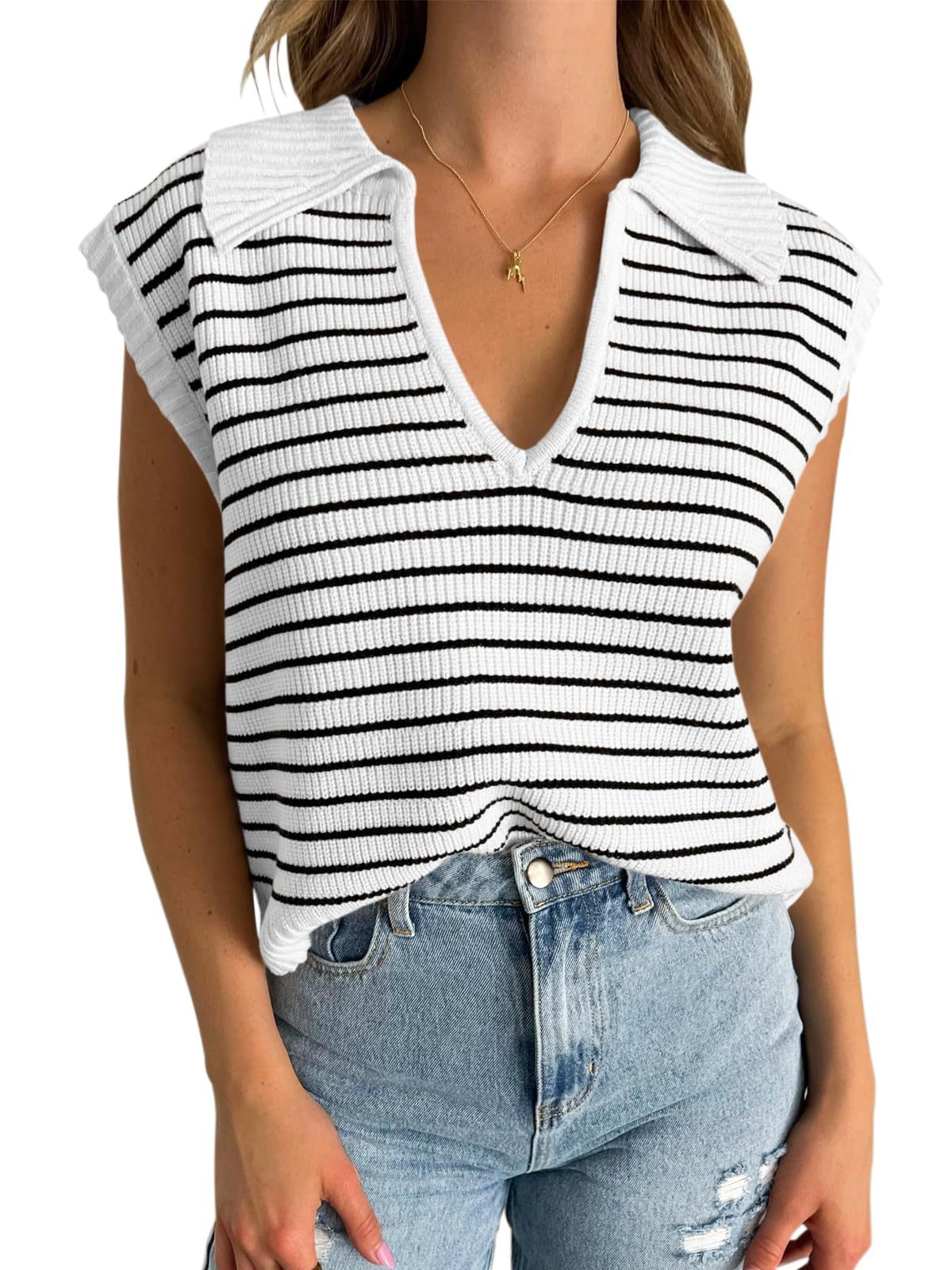 Striped V Neck Collared Knit Top