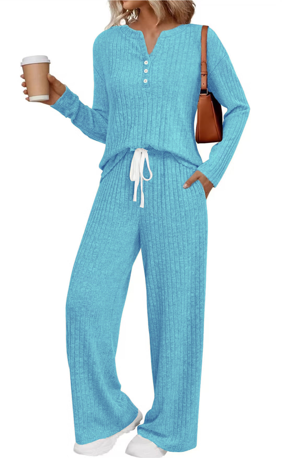 Relaxed Ribbed Brushed Knit Long Sleeve Pants Set