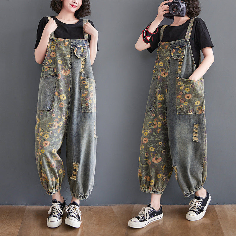 Plus Size Printed Denim Overalls