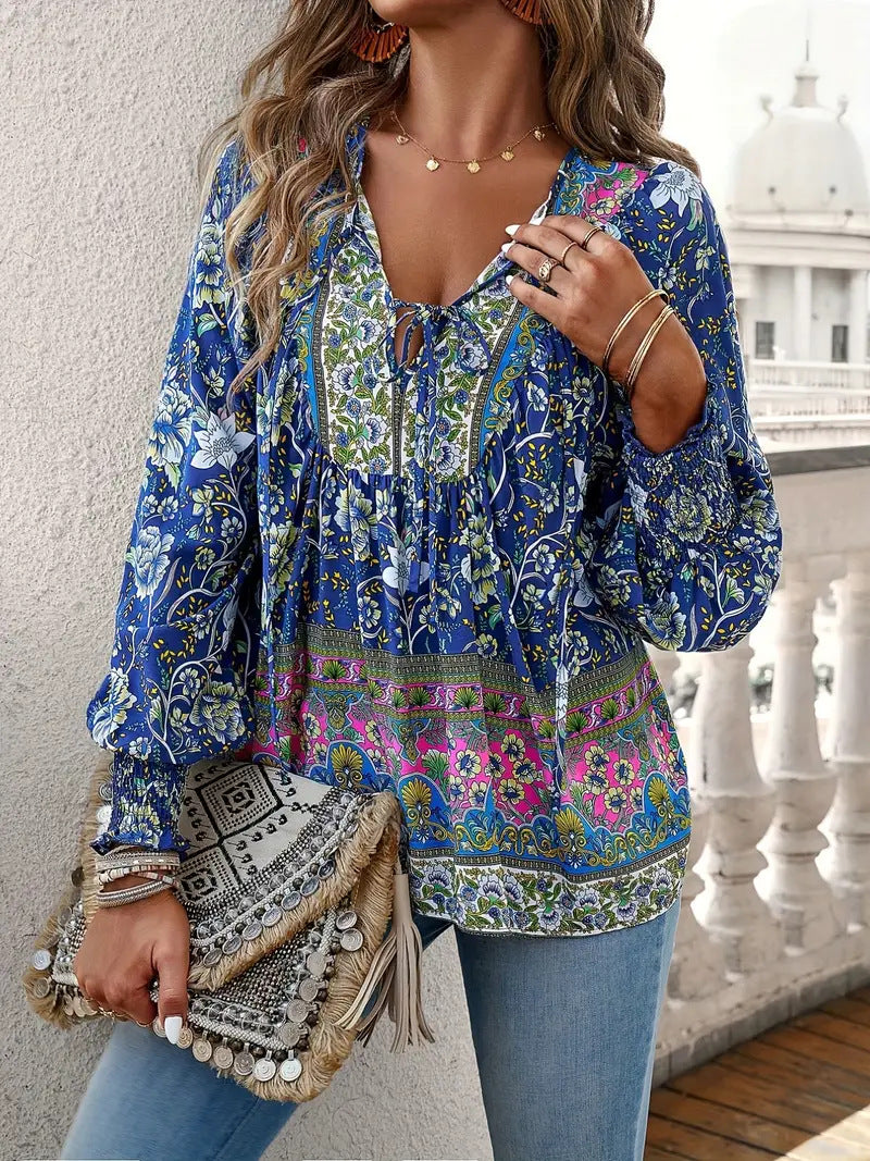 Boho Print V-Neck Tie Blouse