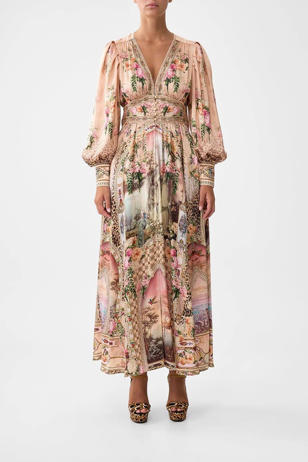 Printed V-Neck Long Sleeve Chiffon Dress