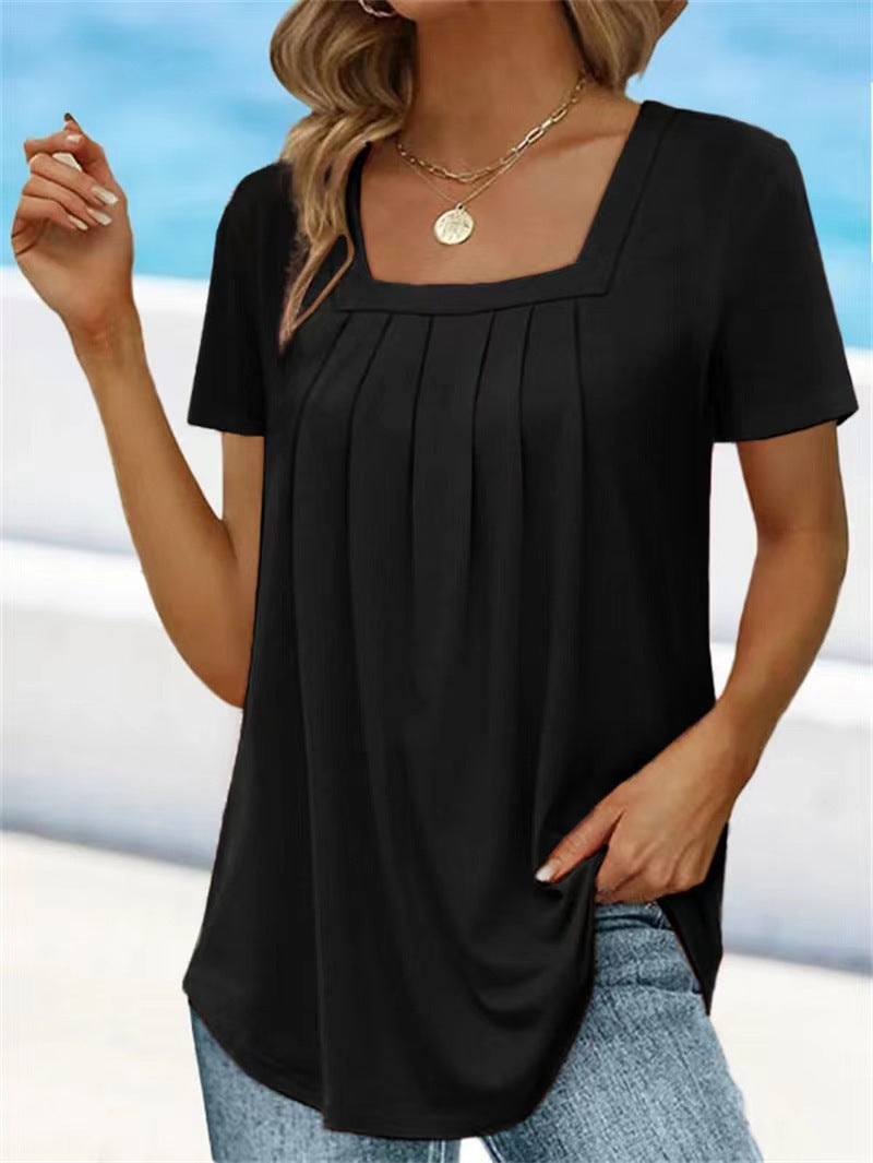 Square Neck Pleated Short Sleeve T-shirt