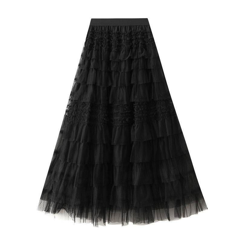 High Waist Layered Mesh A-Line Maxi Skirt