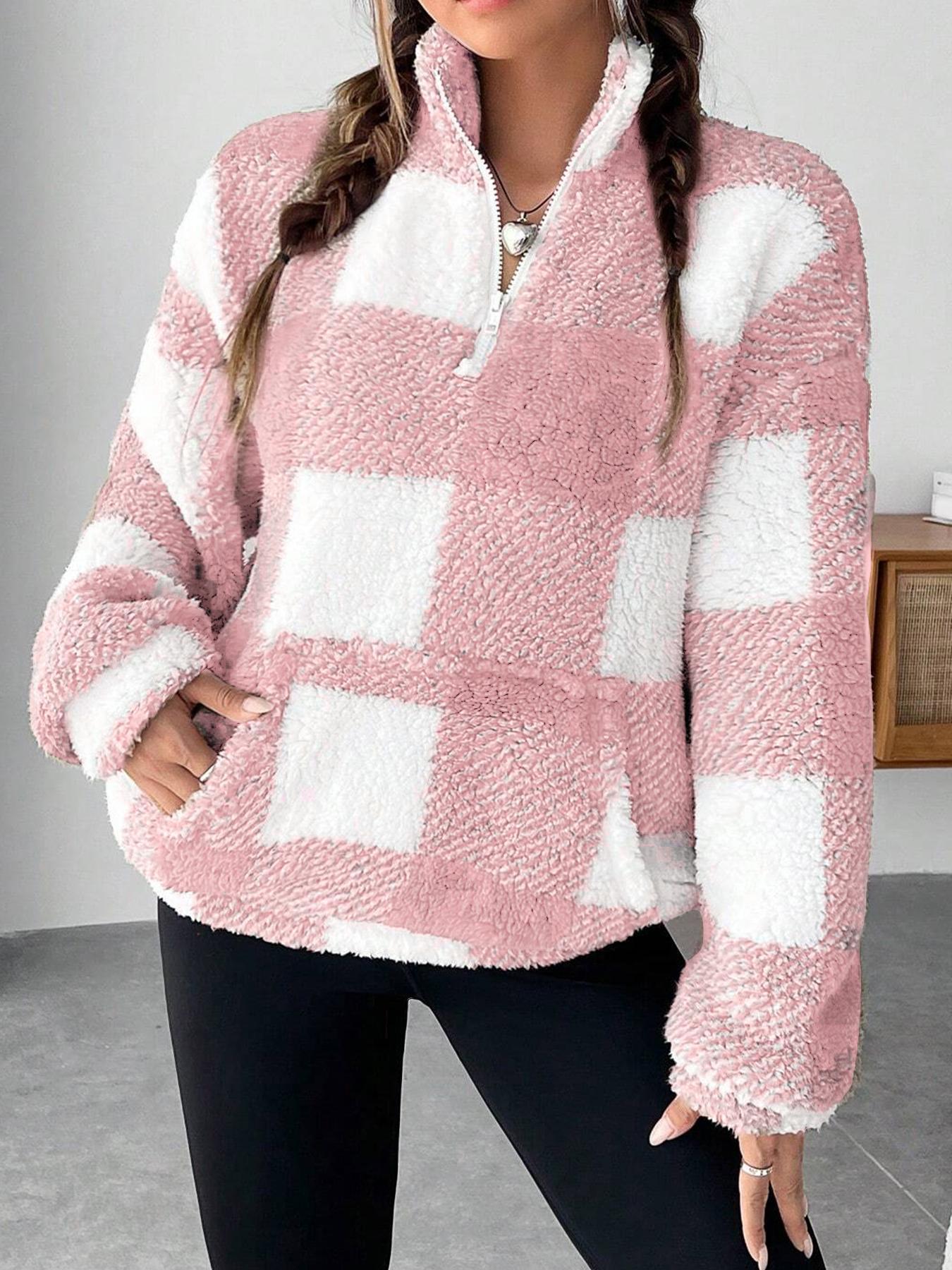 Plaid Half-Zip Fleece Cropped Sweatshirt