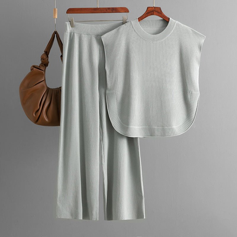 Sleeveless Knit Top & Wide-Leg Pants Two-Piece Set