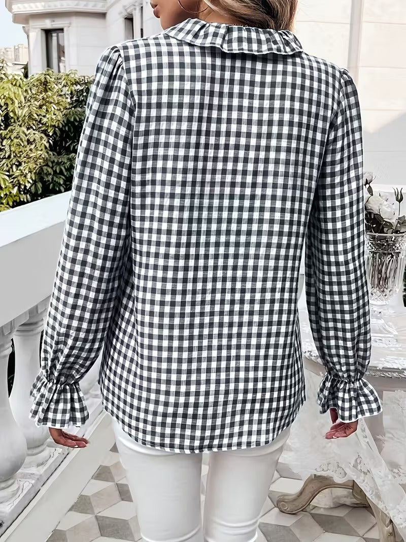 Ruffle Collar Plaid Long Sleeve Shirt