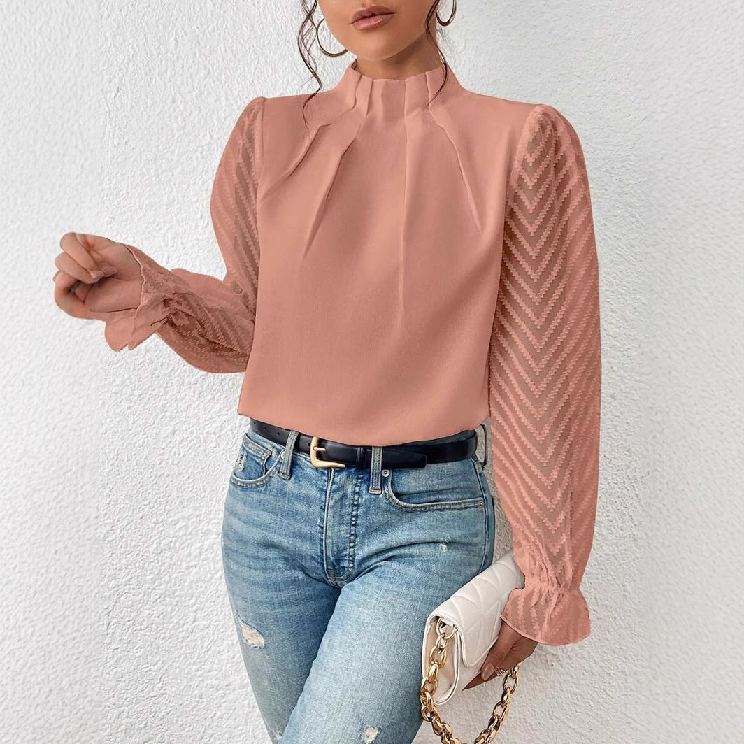 Chevron Sleeve Pleated Collar Blouse