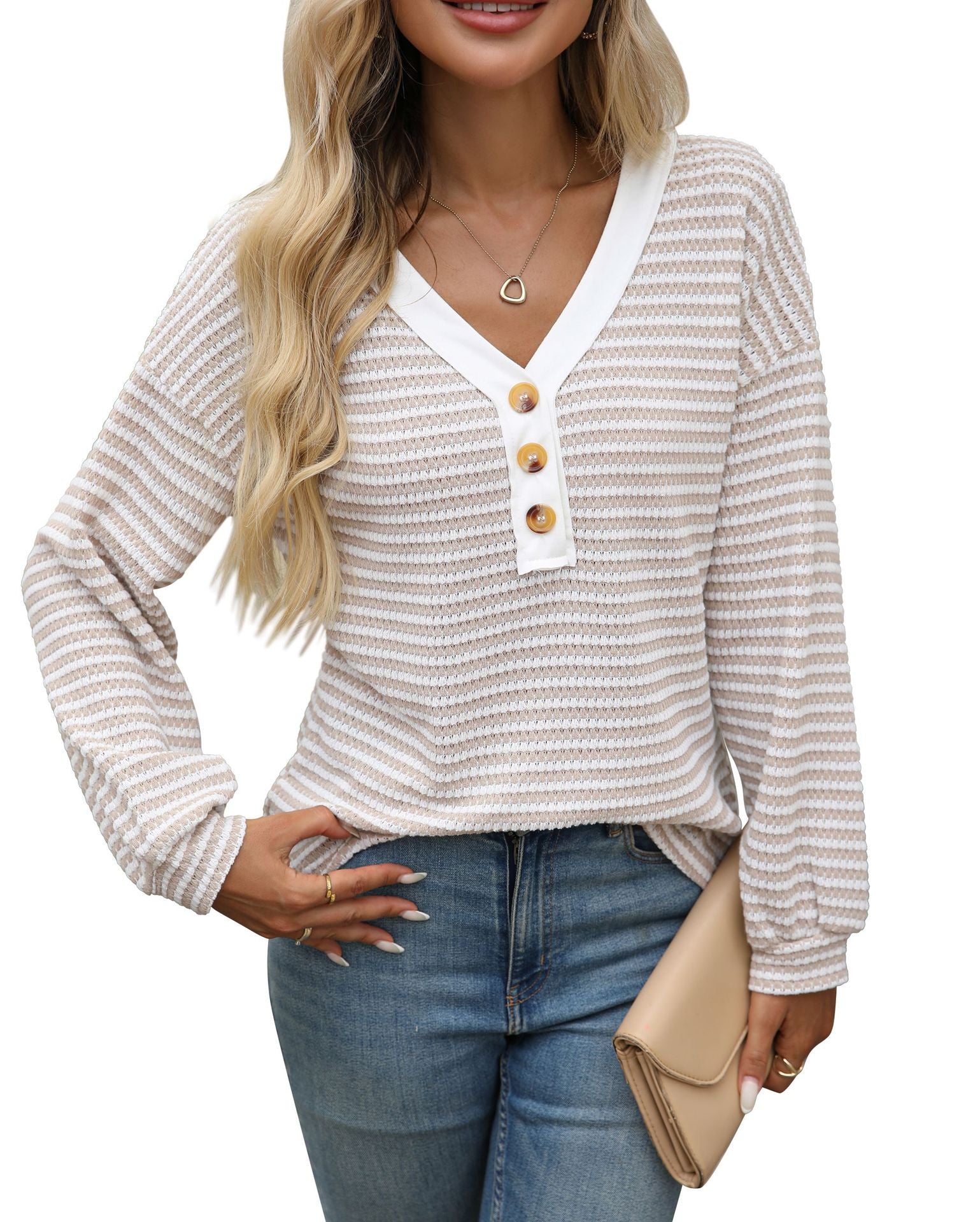 Striped Button-Up V-Neck Top