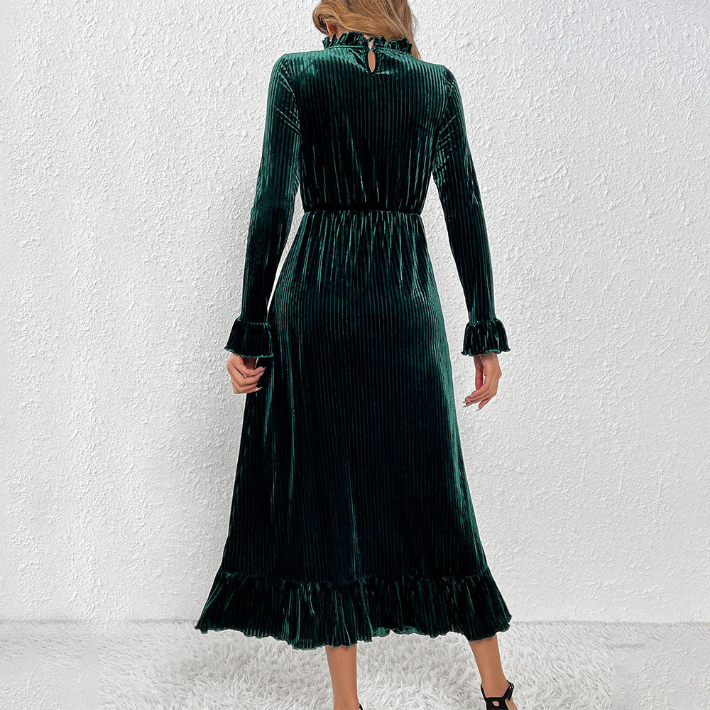 Velvet Long Sleeve Ruffled Midi Dress