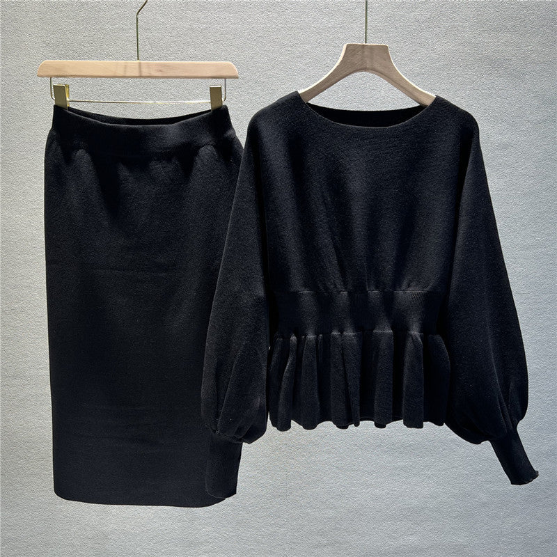 Ruffle Knit Top and High-Waist Skirt Set