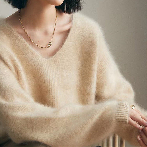 Soft Faux Mink V-Neck Knit Sweater