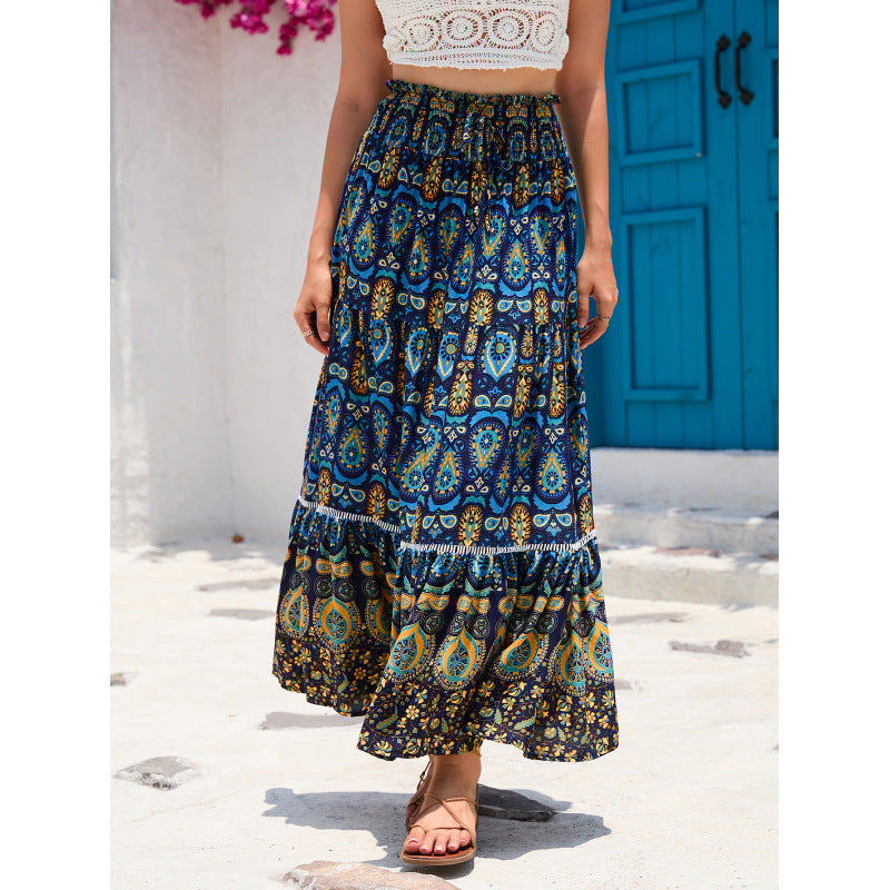 Bohemian Printed Maxi Skirt with Lace Trim