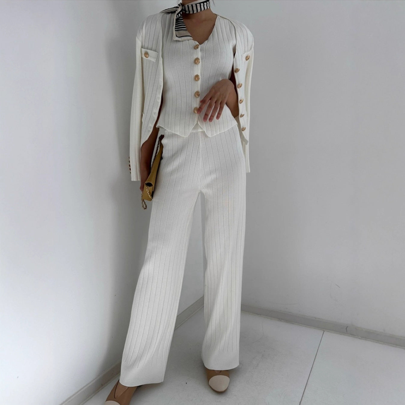 Ribbed Slim Fit Short Top and Pants Three-Piece Set