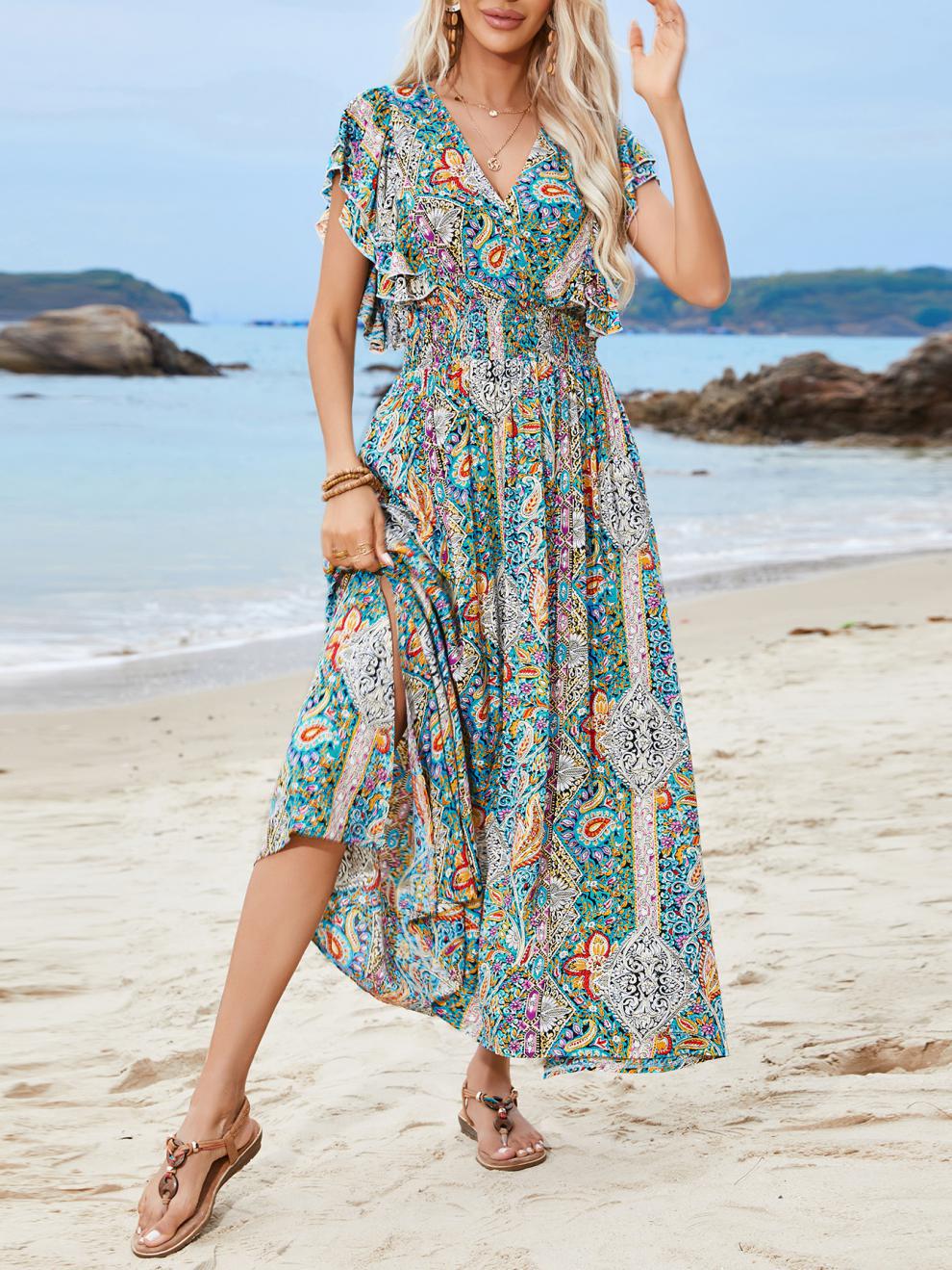 Women's Boho V-Neck Backless Ruffle Print Maxi Dress