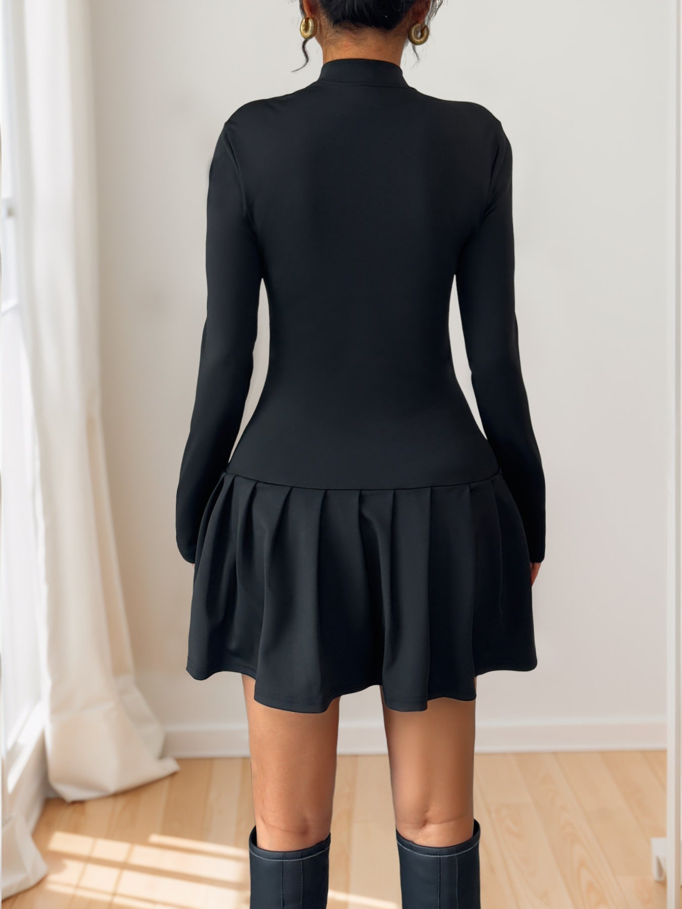 Bow Button High Neck Long Sleeve Dress