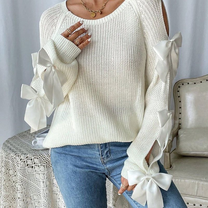 Bow Decor Round Neck Knit Sweater