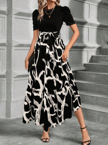 Black and White Floral Print Dress with Belted Waist