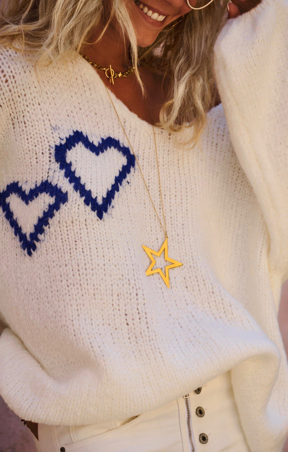 Heart Jacquard Off Shoulder Knit Sweater