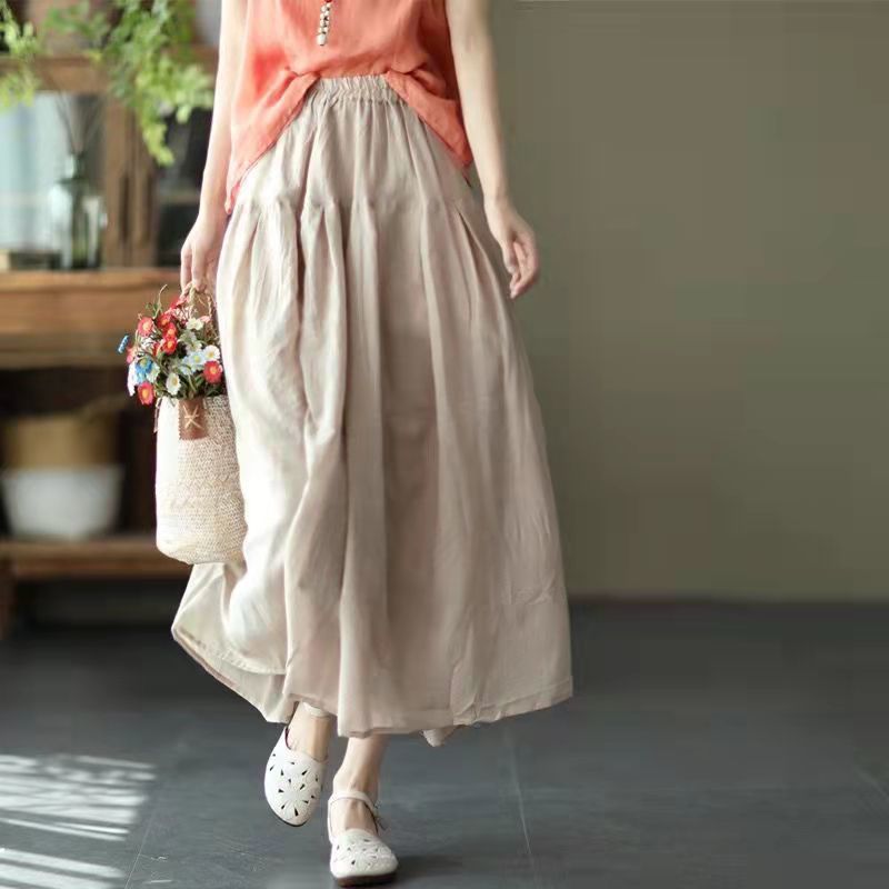Double-Layer Cotton Linen Flowy Maxi Skirt