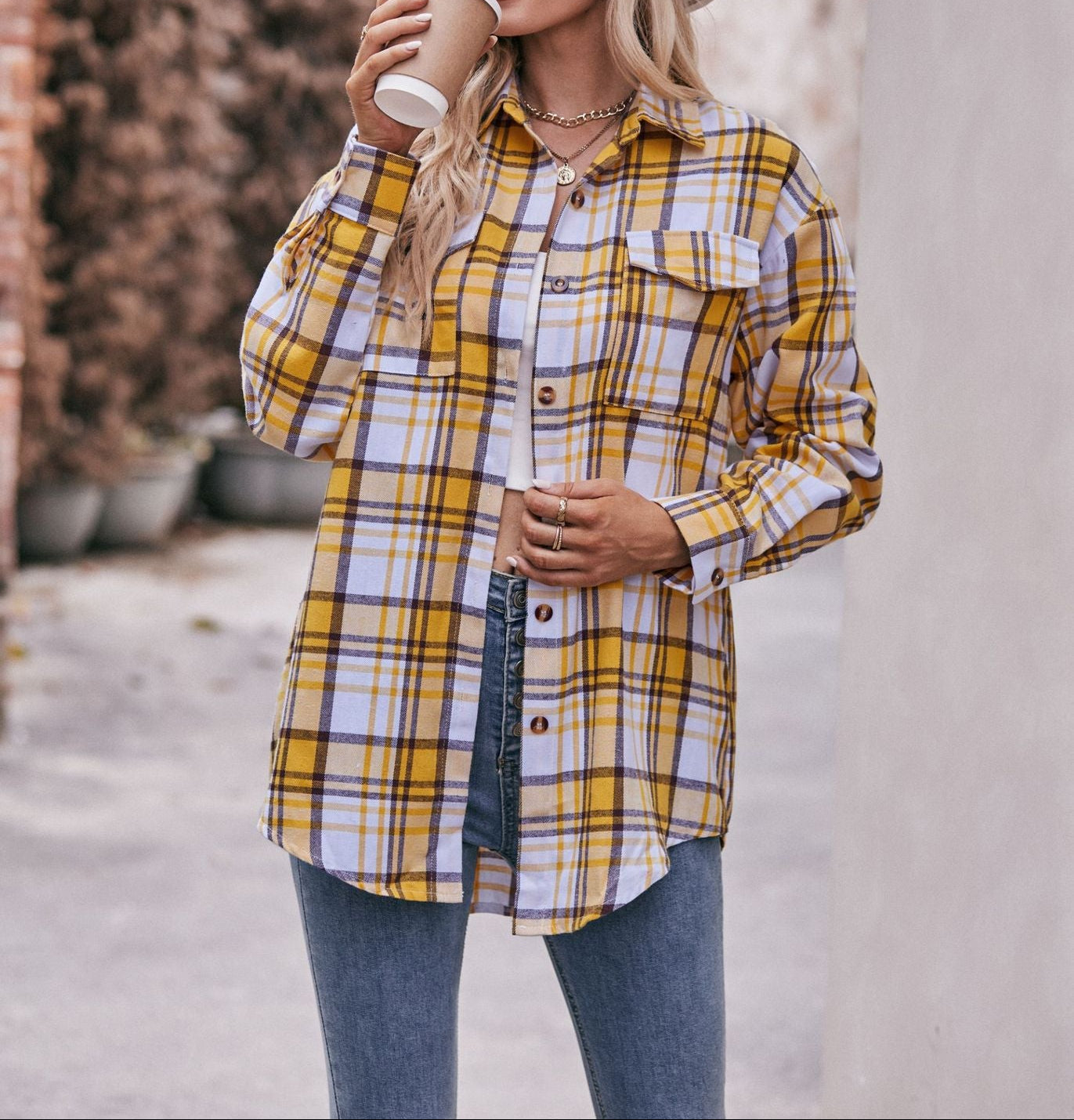 Women's Color Block Plaid Button-Up Shirt