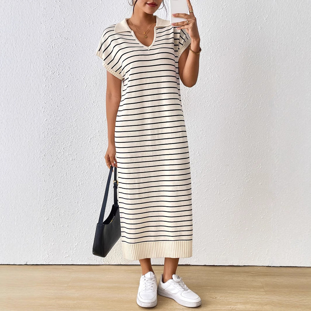 Striped V-Neck Casual Knit Dress