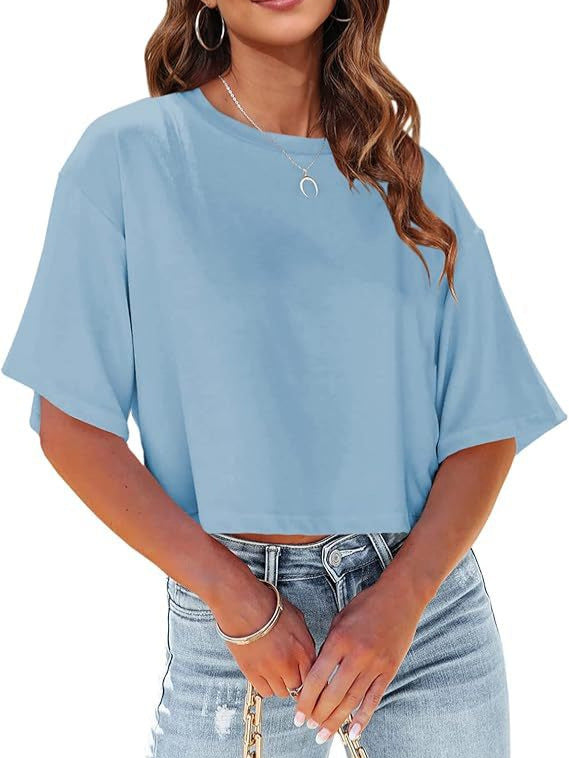 Women's Loose Cropped T-Shirt Casual Solid Short Sleeve Tee