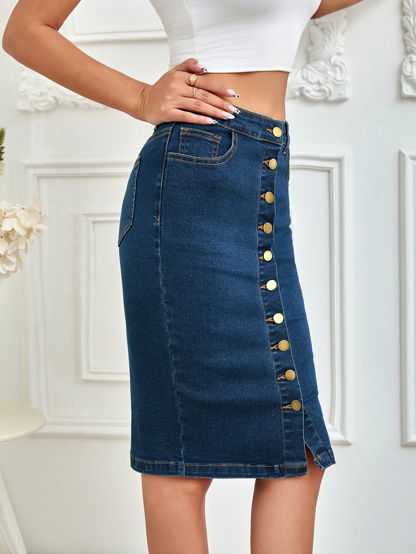 Button Front Stretch Denim Pencil Skirt