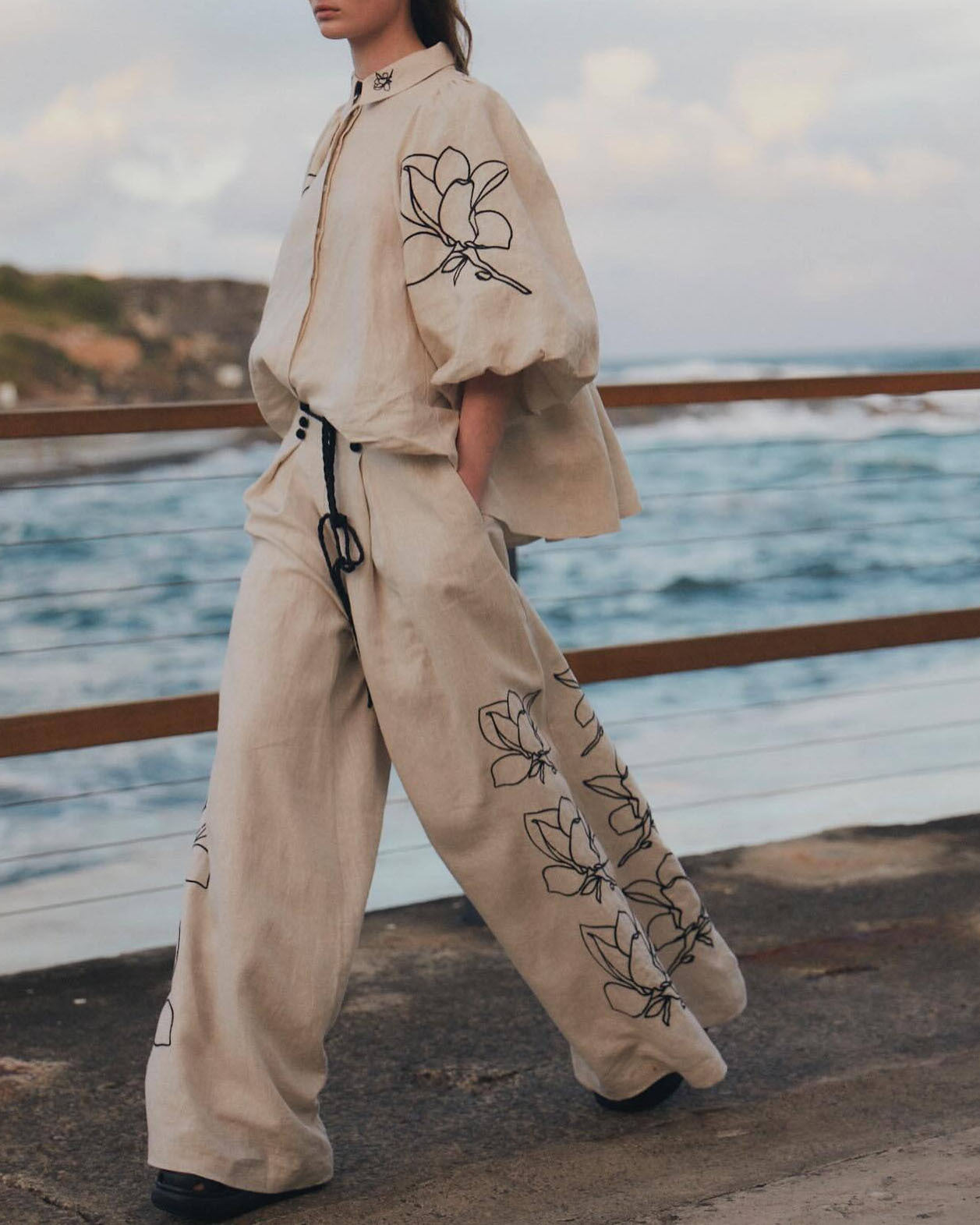 Embroidered Cotton Linen Wide-Leg Set