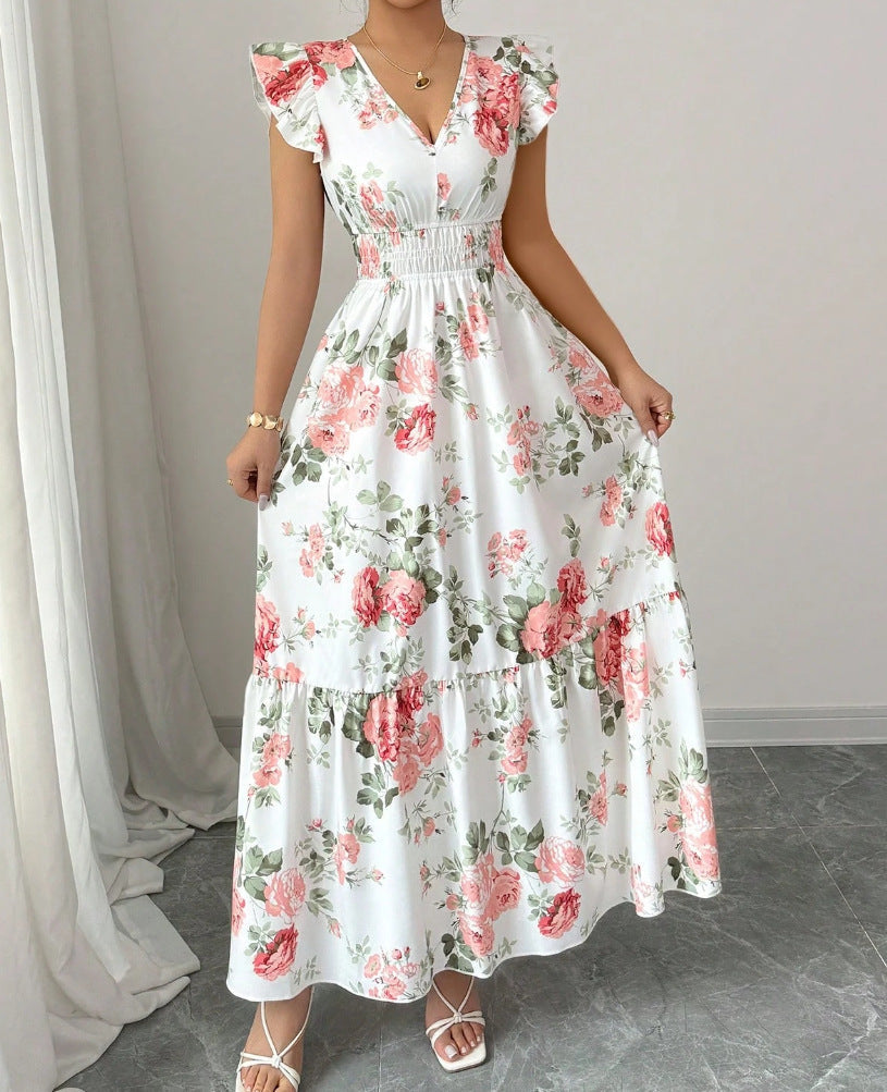 Women Elegant Floral Print Long Hem Dress