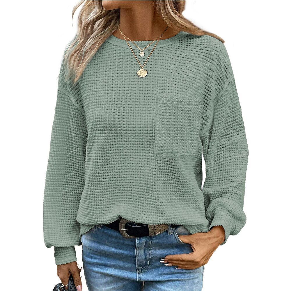 Waffle Knit Long Sleeve Top with Pocket